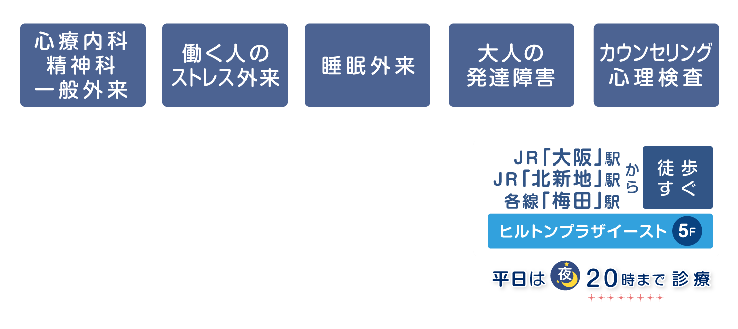 大阪梅田こころのクリニック 梅田 西梅田 ヒルトンプラザイースト5f 心療内科 精神科 児童精神科